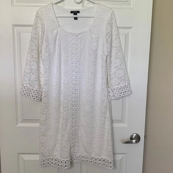 Alfani Medium White Floral Crochet Lace 3/4 Sleeve Lined Dress - Picture 1 of 10